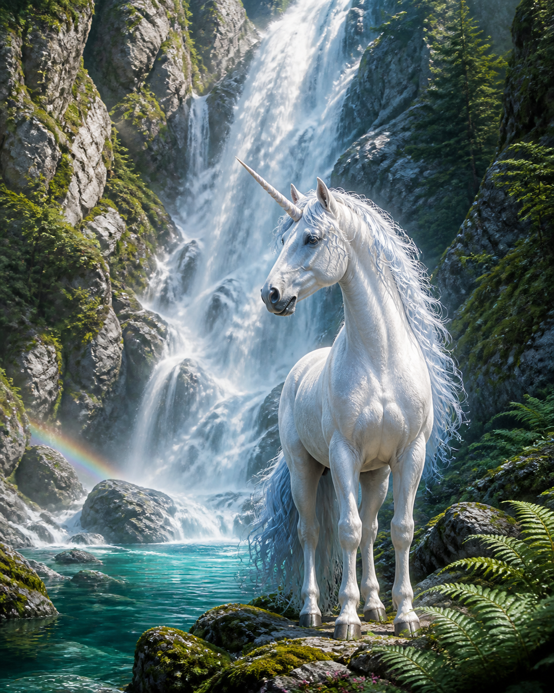 Diamond painting ontwerp met eenhoorn bij de bergwaterval