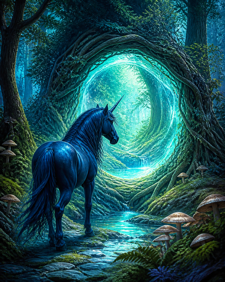 Diamond painting ontwerp met eenhoorn bij het lichtportaal