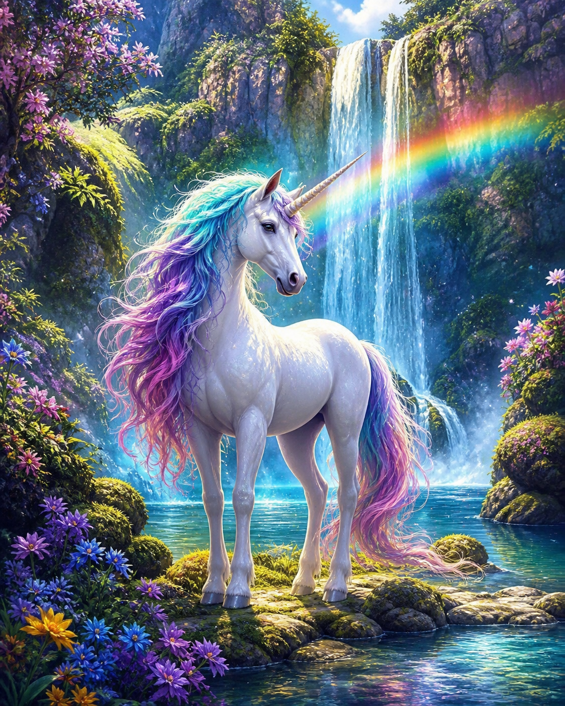 Diamond painting ontwerp met eenhoorn bij regenboogwaterval