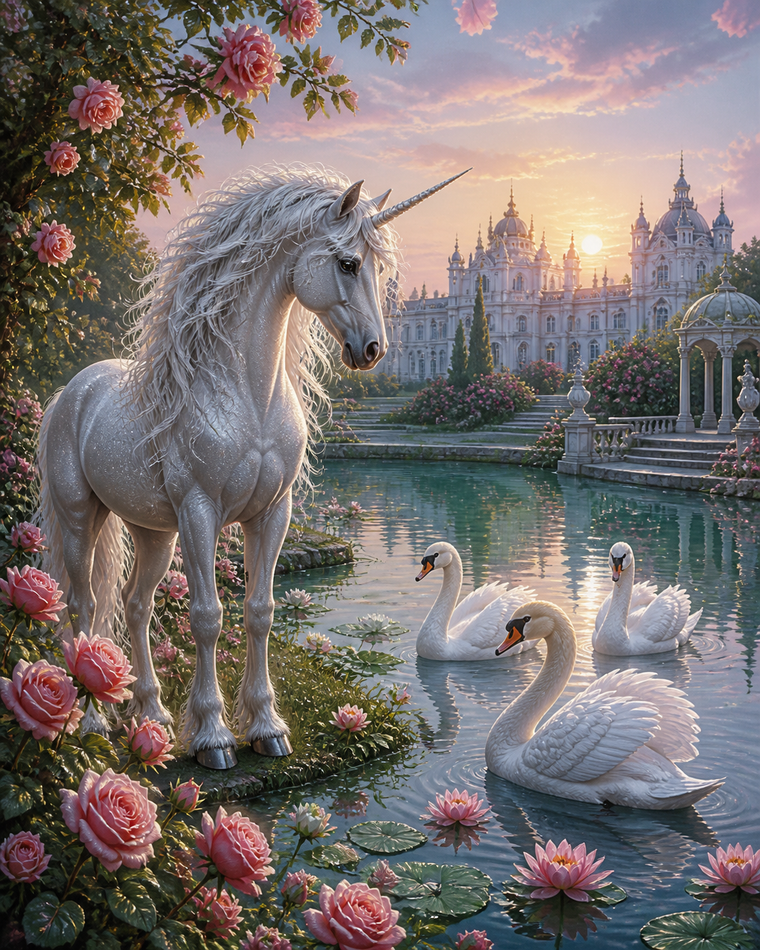 Diamond painting ontwerp met eenhoorn en zwanen bij de paleisvijver