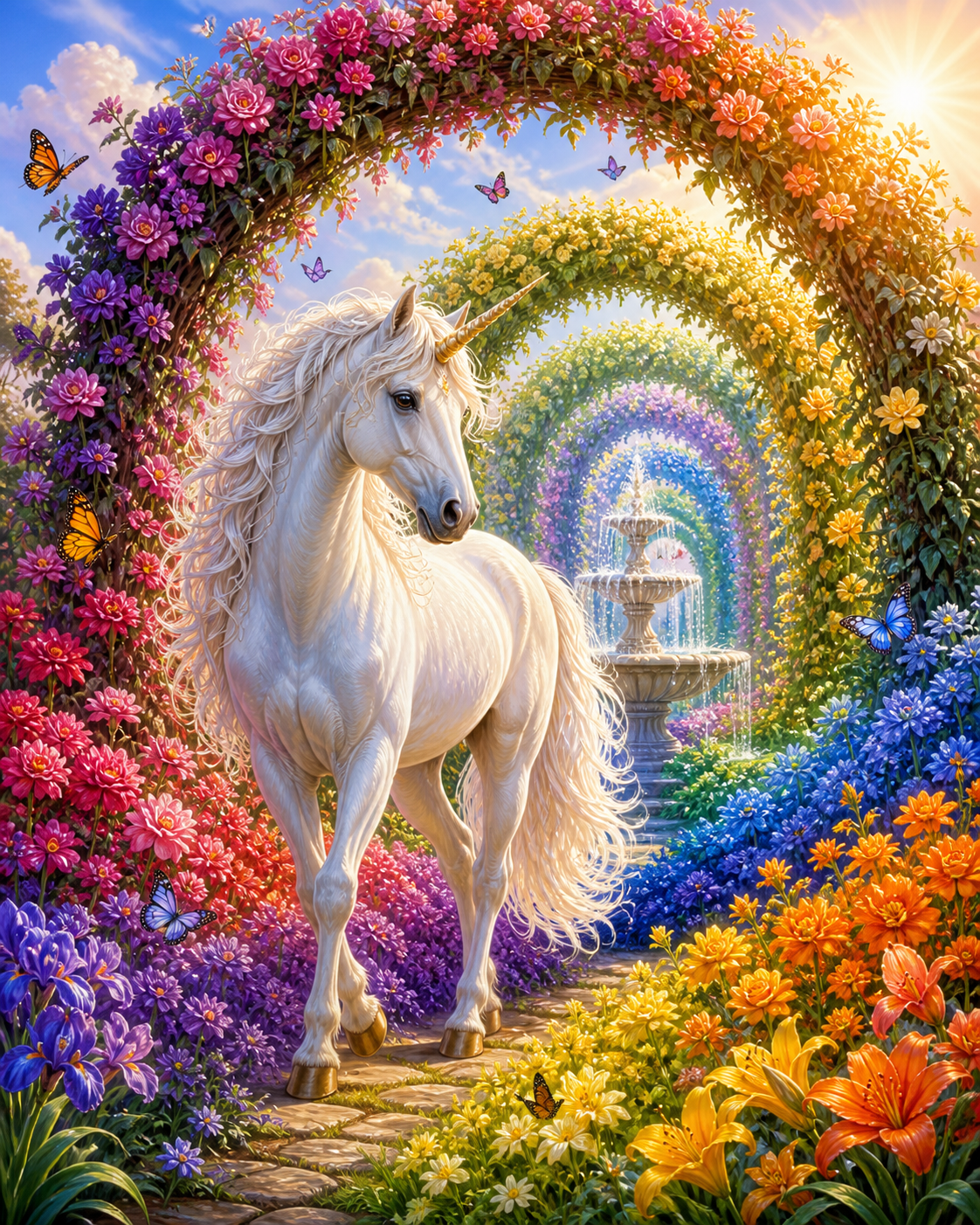 Diamond painting ontwerp met eenhoorn in een regenboogtuin