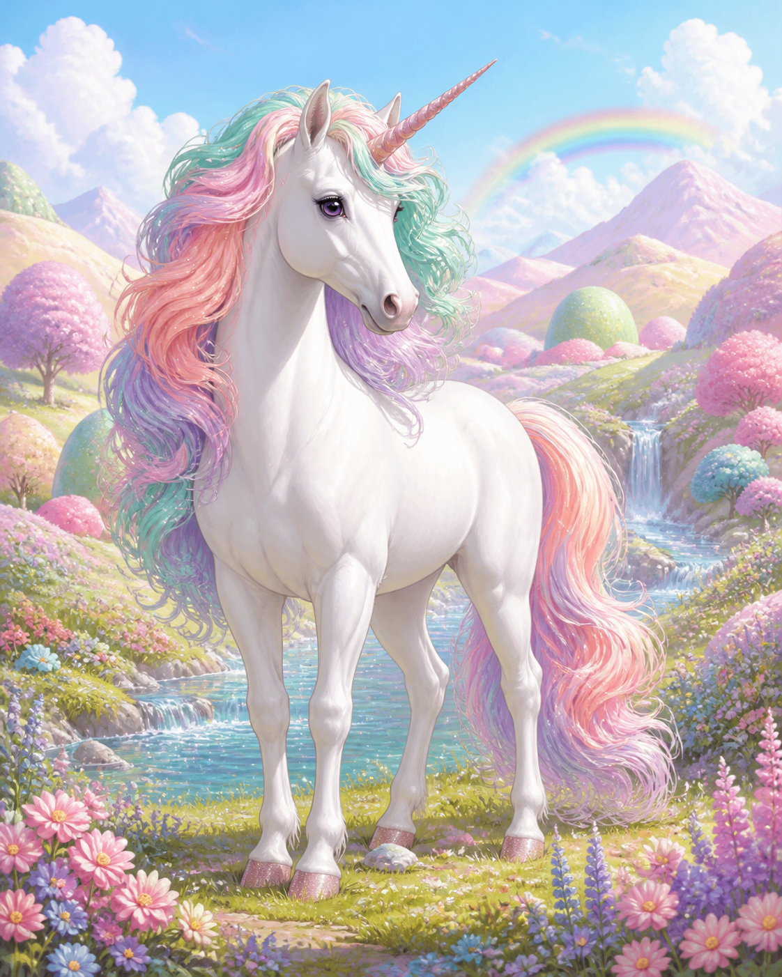 Diamond painting ontwerp met eenhoorn met snoepkleurige manen