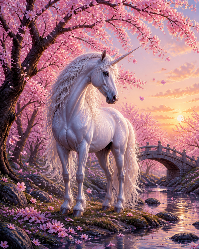 Diamond painting ontwerp met eenhoorn onder kersenbloesem
