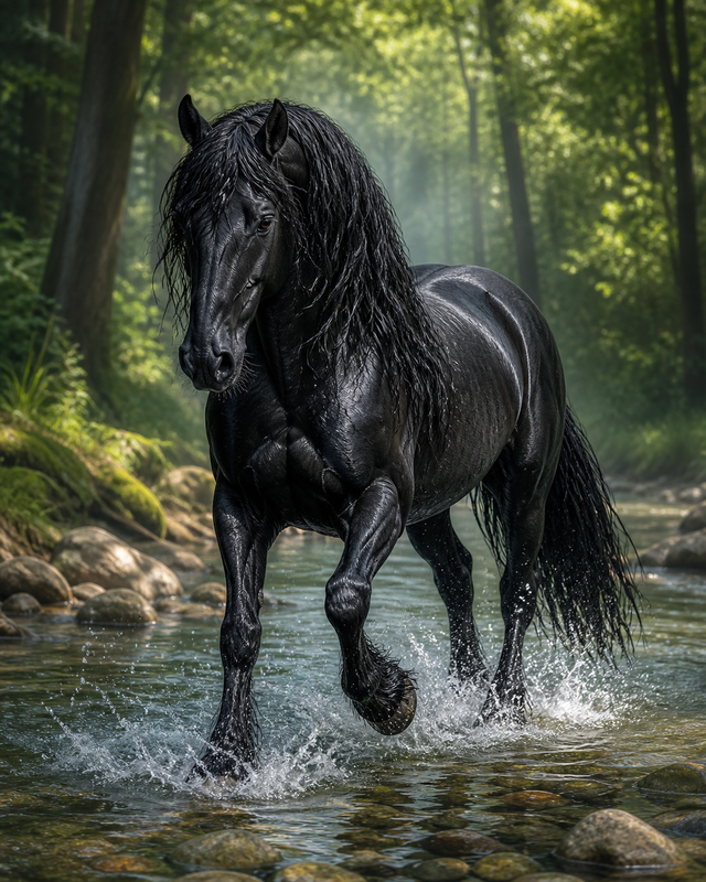 Diamond Painting Fries Paard door het Water – een Fries paard dat door ondiep water loopt