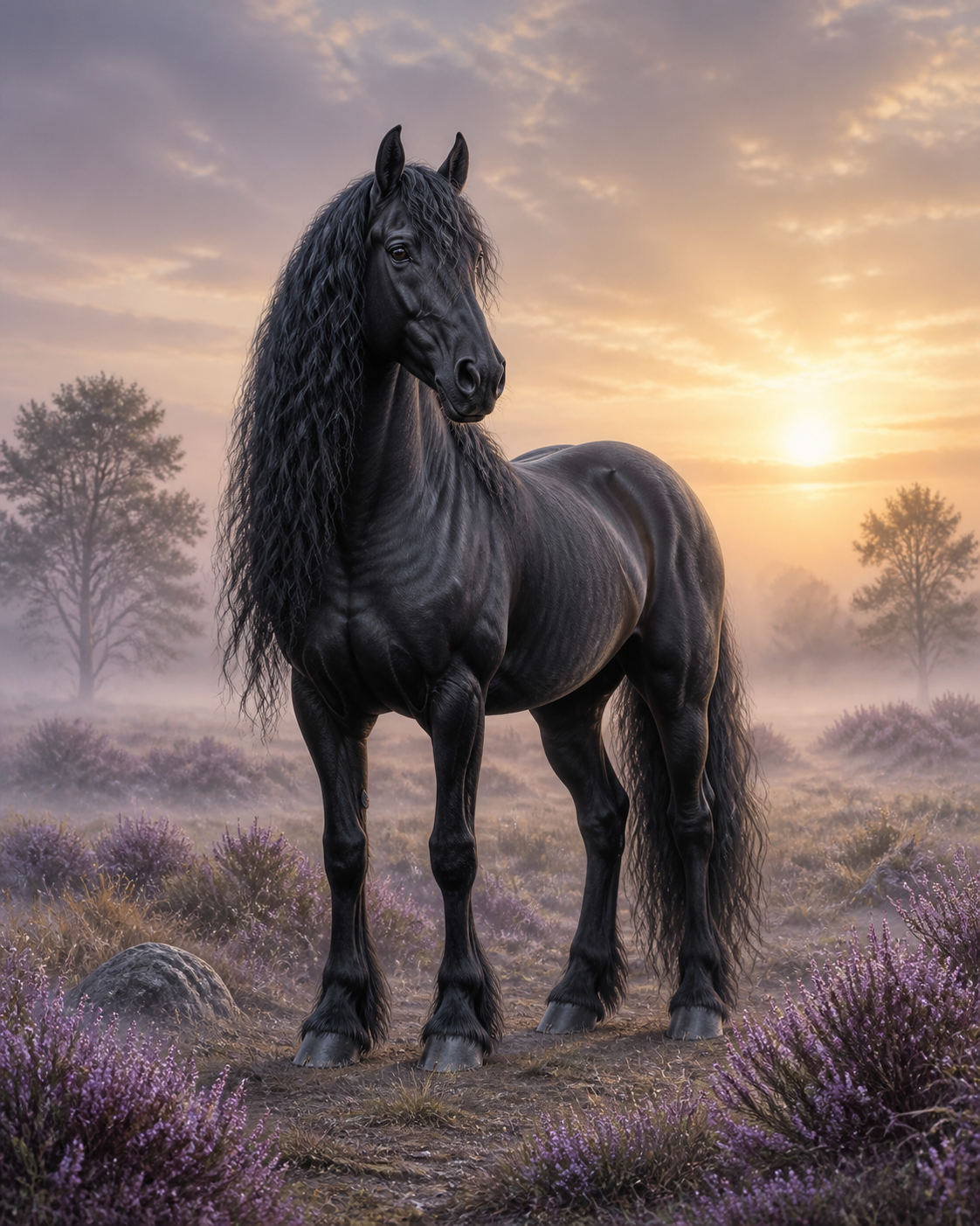 Diamond Painting Fries Paard in de Ochtendmist – een zwart Fries paard in zachte ochtendmist