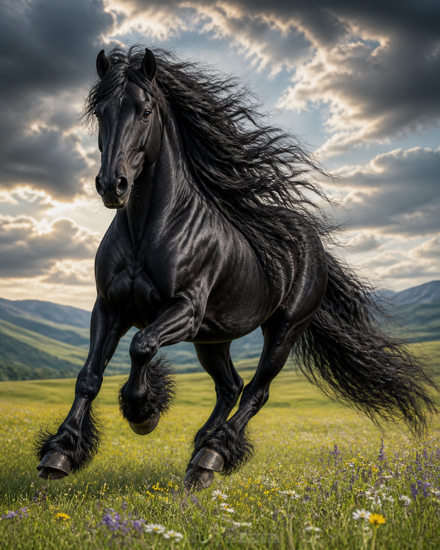 Diamond Painting Fries Paard met Vliegende Manen – een galopperend Fries paard met vliegende manen