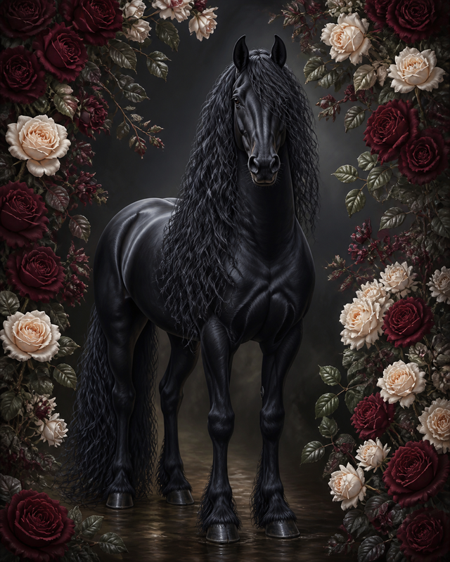 Diamond Painting Fries Paardenportret met Donkere Rozen – een Fries paardenportret tussen bordeauxrode en crèmekleurige rozen
