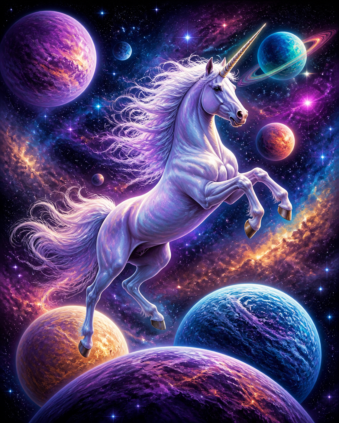 Diamond painting ontwerp met galactische eenhoorn tussen planeten