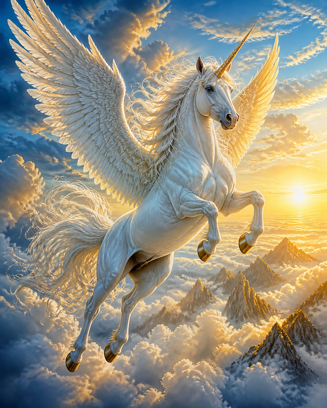 Diamond painting ontwerp met gevleugelde eenhoorn boven de wolken