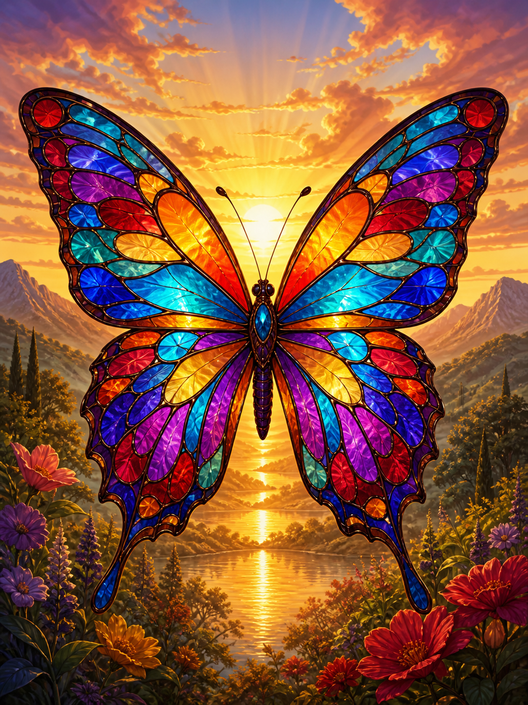Diamond painting ontwerp met glas-in-loodvlinder bij zonsopkomst