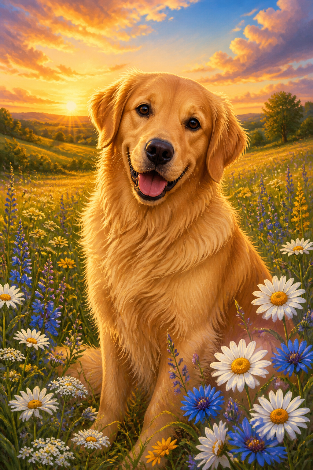 Diamond painting ontwerp met golden retriever in bloemenveld