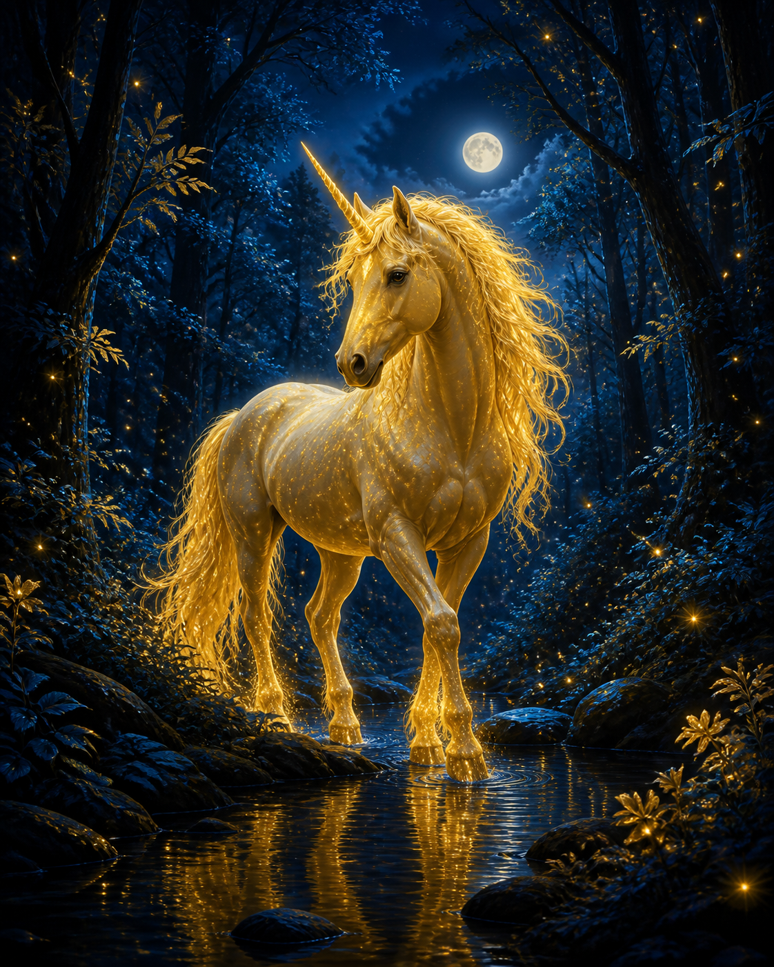Diamond painting ontwerp met gouden eenhoorn in het middernachtbos