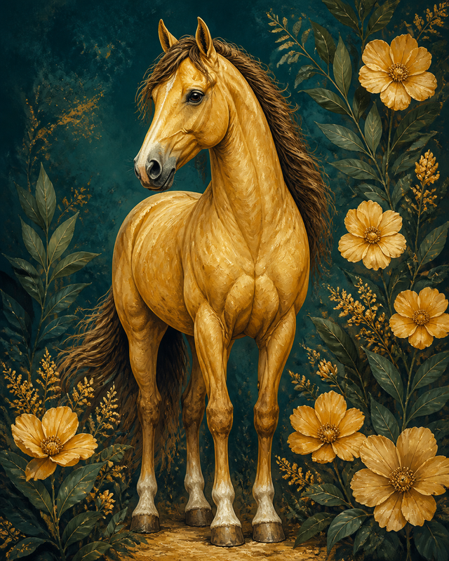 Diamond Painting Gouden Paard met Botanische Bladeren – een goudkleurig paardenportret met botanische bladeren