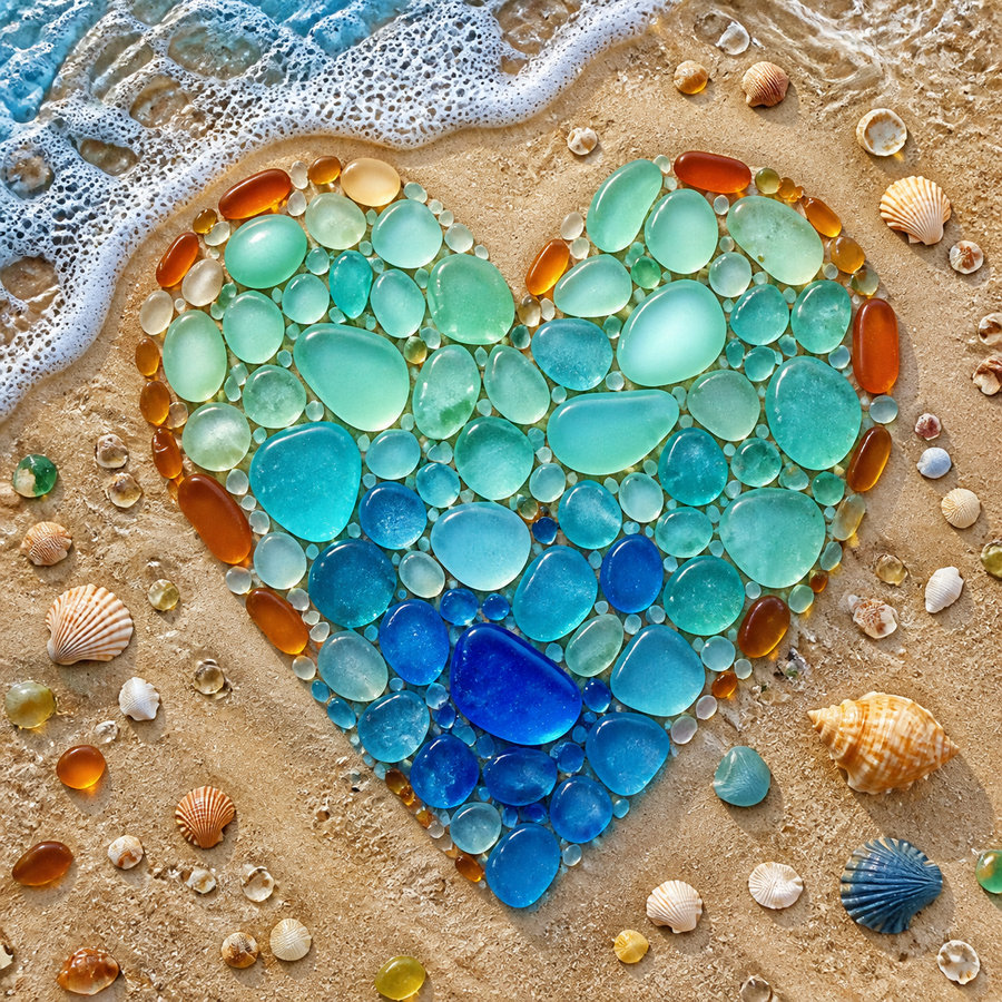 Diamond painting ontwerp met hart van zeeglas op het strand