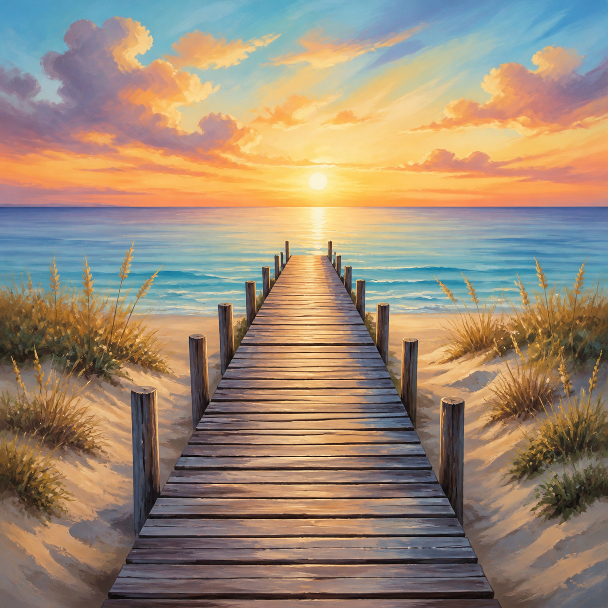 Diamond painting ontwerp met houten pier naar de zee