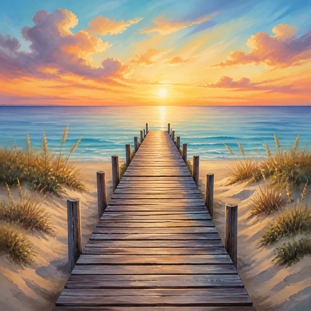 Diamond painting ontwerp met houten pier naar de zee