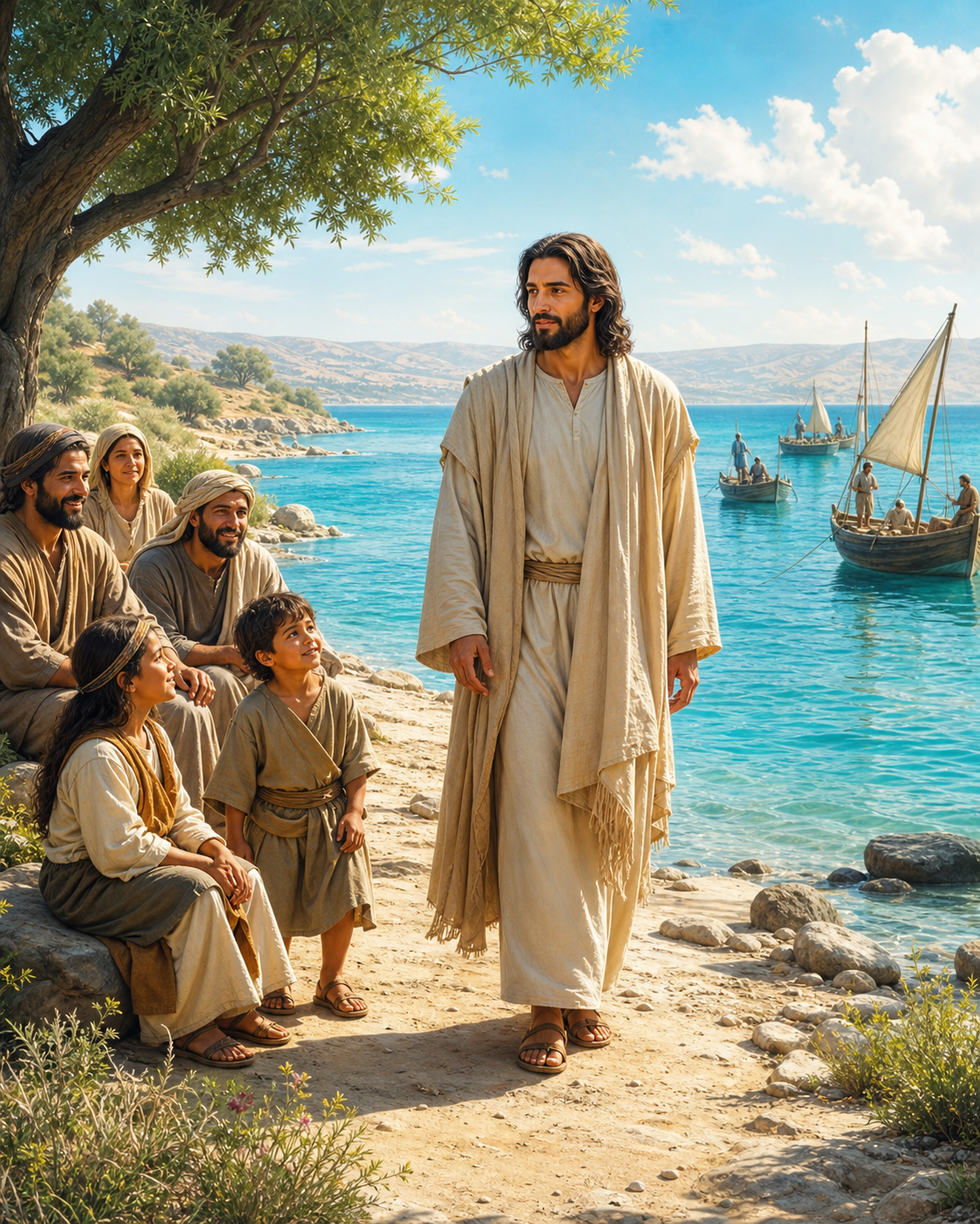 Diamond Painting Jezus aan het Meer van Galilea – Jezus wandelt langs de rustige oever van een groot meer met vissersboten in de verte