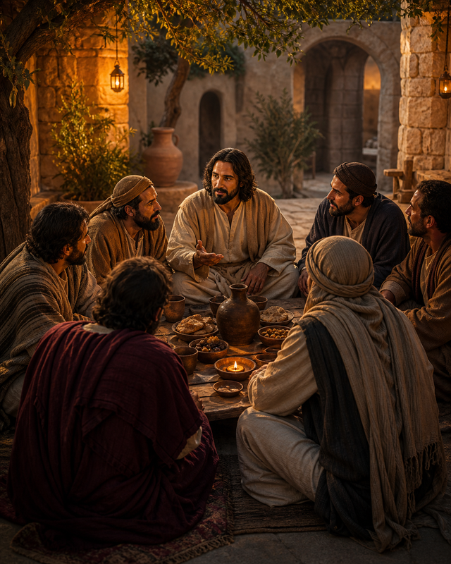 Diamond Painting Jezus aan Tafel met de Discipelen – Jezus deelt een eenvoudige maaltijd met volwassen discipelen rond een lage tafel in een open binnenplaats