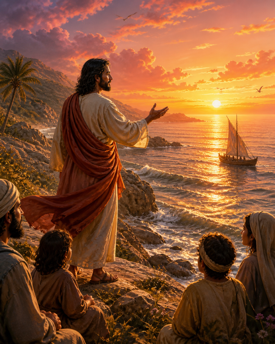 Diamond Painting Jezus aan Zee bij Zonsondergang – Jezus op een rotsachtige kust met bewegende mantel en een glanzende zonsondergang over zee