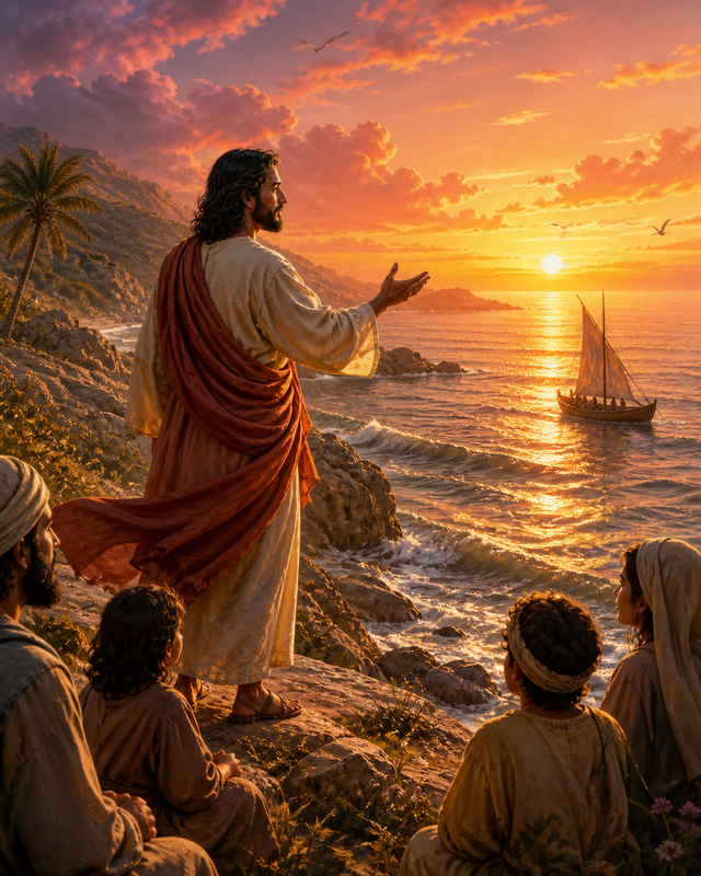 Diamond Painting Jezus aan Zee bij Zonsondergang – Jezus op een rotsachtige kust met bewegende mantel en een glanzende zonsondergang over zee