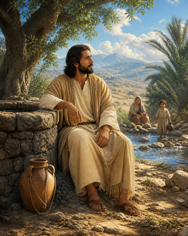 Diamond Painting Jezus bij de Bron – Jezus rust naast een oude stenen bron onder een boom met een waterkruik op de voorgrond
