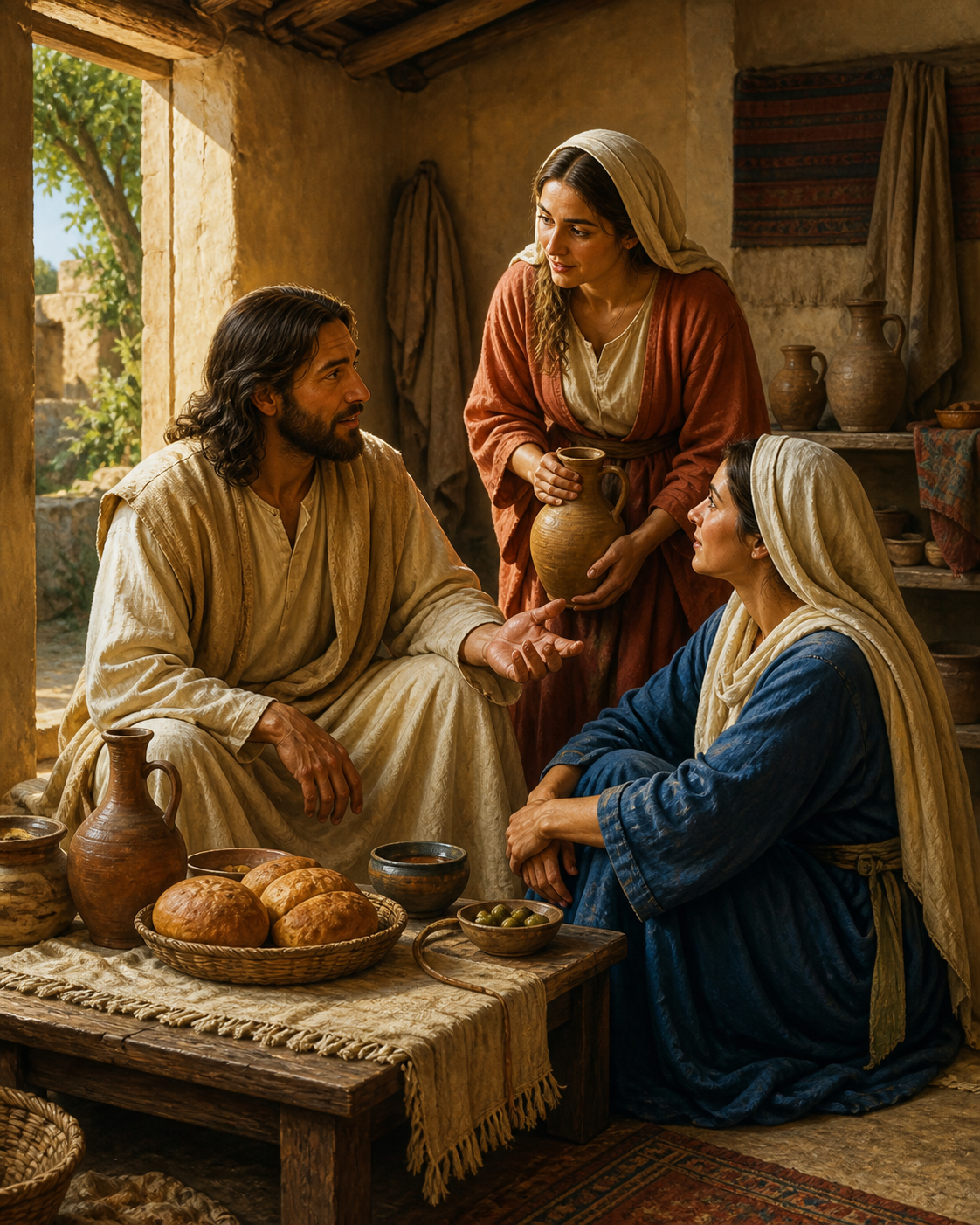 Diamond Painting Jezus bij Martha en Maria – Jezus in een eenvoudige historische woning in gesprek met twee volwassen zussen, met brood en kruiken op tafel