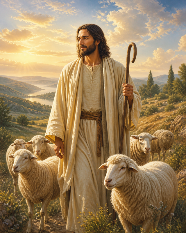 Diamond Painting Jezus de Goede Herder – Jezus als herder met staf tussen een kleine kudde schapen in glooiende heuvels