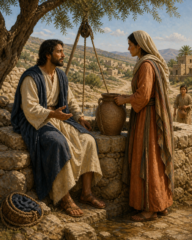 Diamond Painting Jezus en de Samaritaanse Vrouw – Jezus in respectvol gesprek met een volwassen Samaritaanse vrouw bij een stenen bron, beide volledig en waardig afgebeeld