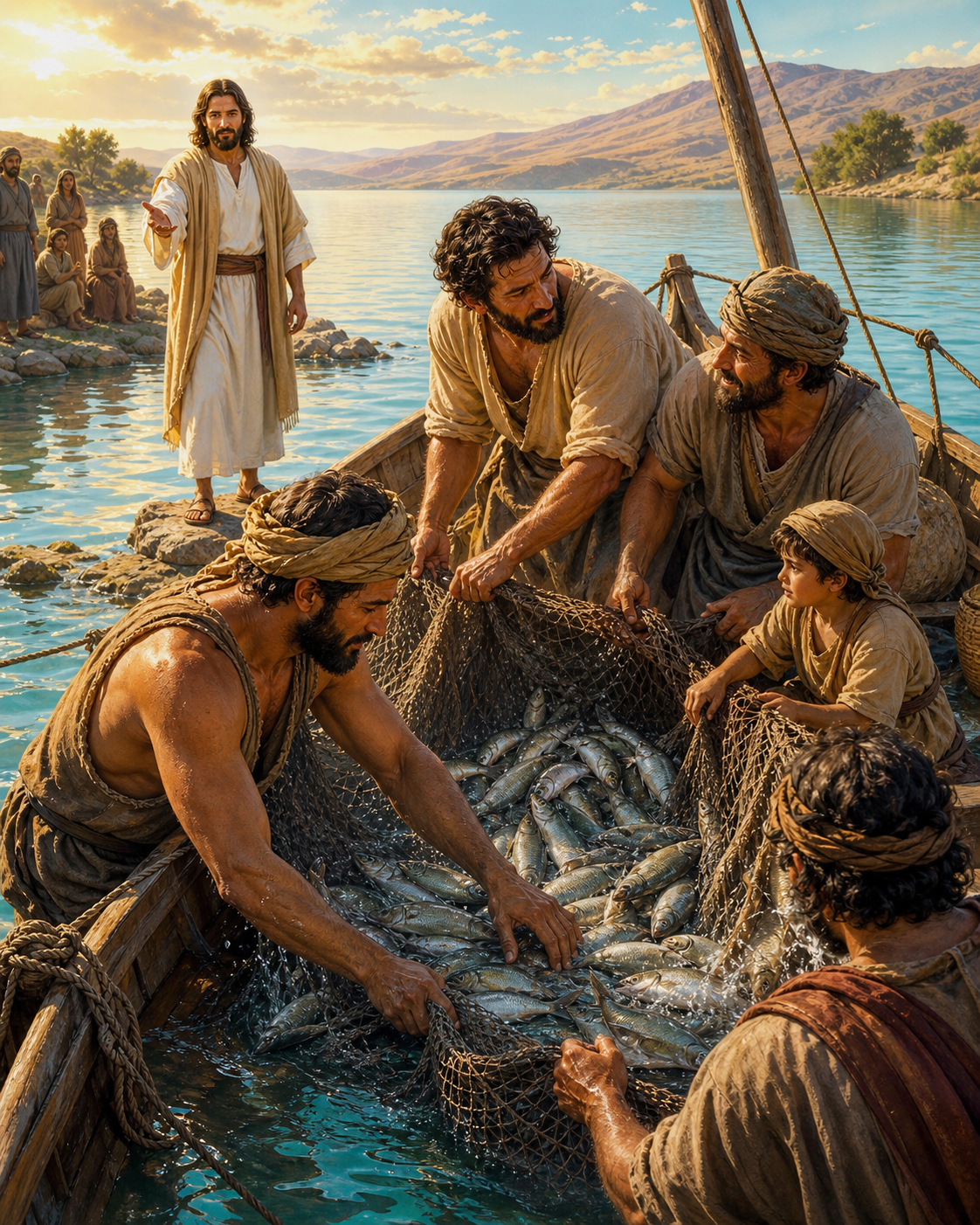 Diamond Painting Jezus en de Wonderbare Visvangst – Jezus bij vissers die een zwaar net vol vissen aan boord trekken op een kalm meer bij ochtendlicht