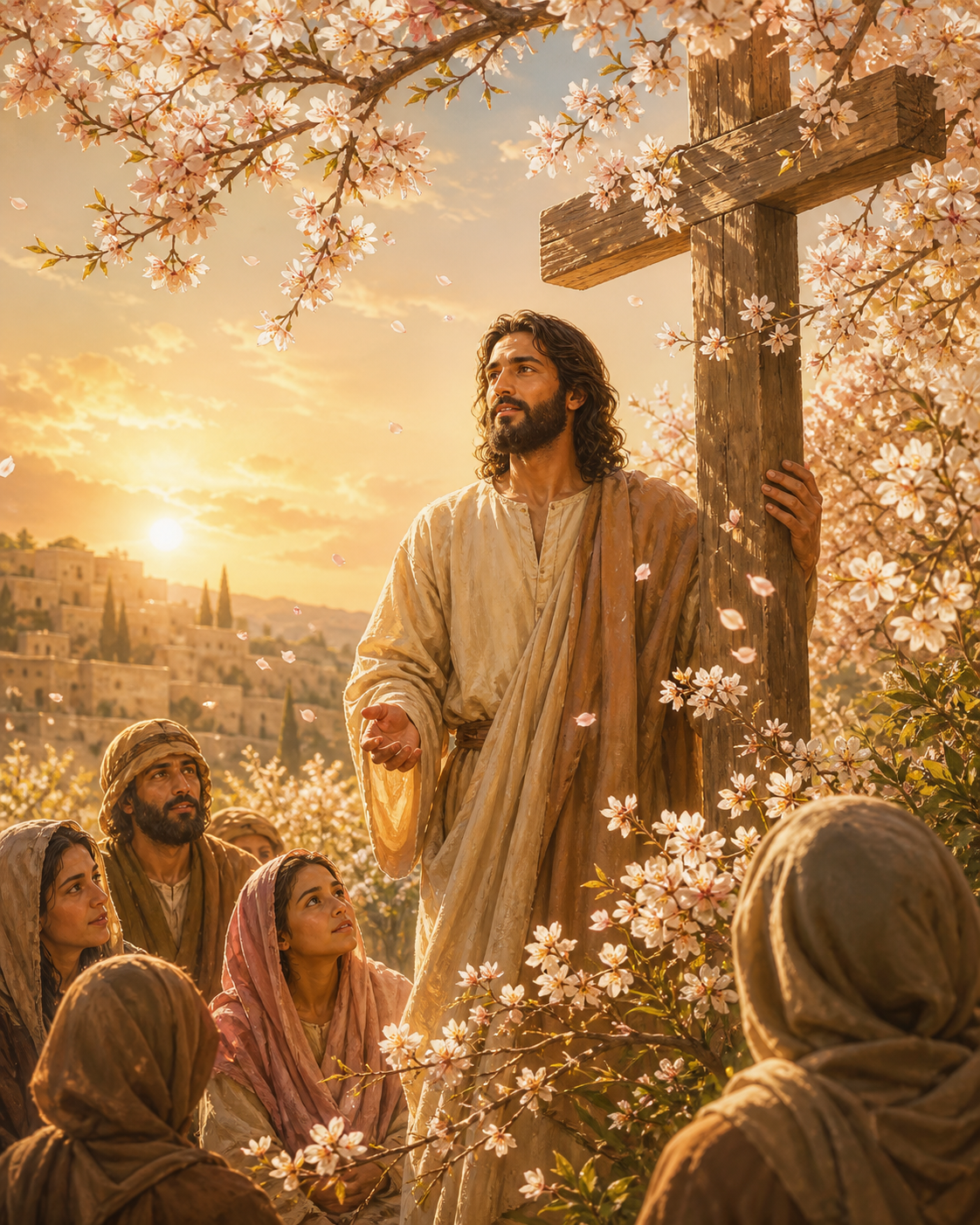 Diamond Painting Jezus en het Kruis in Bloesemlicht – een symbolische compositie met Jezus naast een houten kruis waar zacht lentelicht en kleine witte bloesems omheen vallen