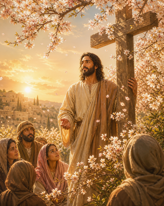 Diamond Painting Jezus en het Kruis in Bloesemlicht – een symbolische compositie met Jezus naast een houten kruis waar zacht lentelicht en kleine witte bloesems omheen vallen