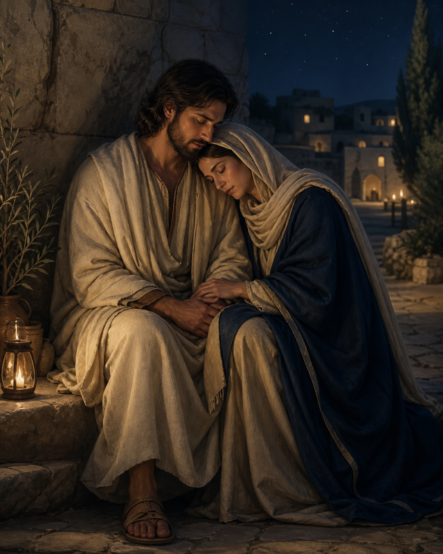 Diamond Painting Jezus en Maria na de Kruisweg – een ingetogen symbolische scène waarin Maria bij Jezus zit na de kruisweg, met volledig bedekte lichamen en zonder verwondingsdetail