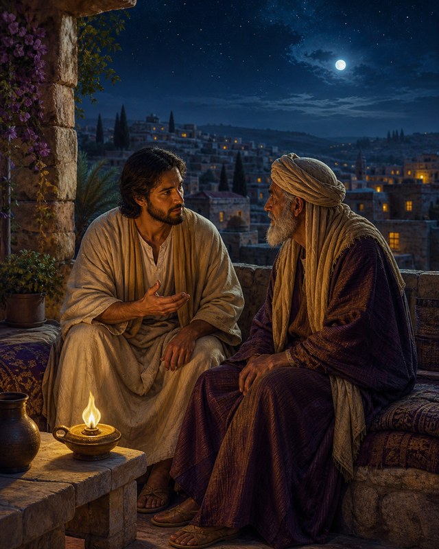 Diamond Painting Jezus en Nicodemus bij Nacht – Jezus in een rustig nachtelijk gesprek met een oudere man op een stenen dakterras met olielamp