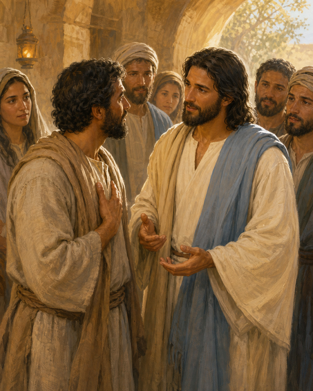 Diamond Painting Jezus en Thomas – Jezus in rustig gesprek met de volwassen discipel Thomas, omringd door enkele volgelingen en zonder wondweergave
