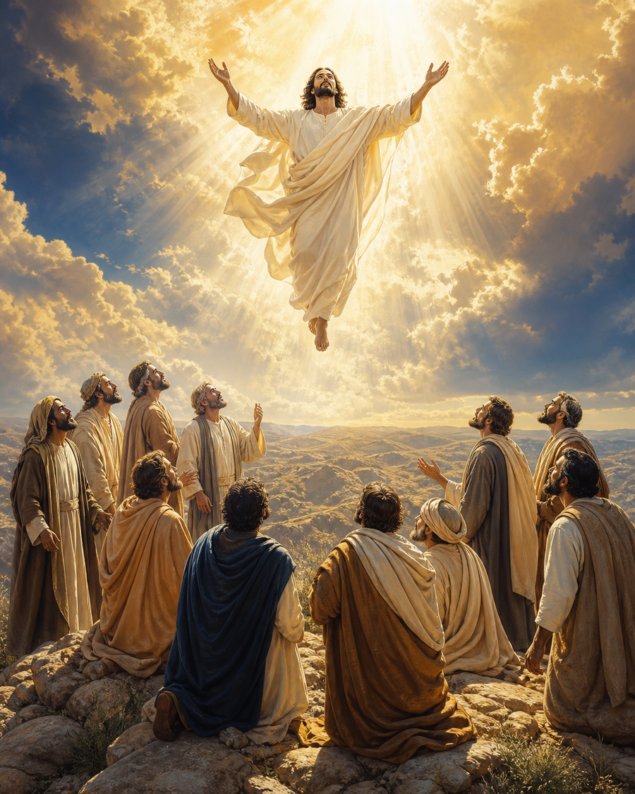 Diamond Painting Jezus Hemelvaart met de Discipelen – een brede originele compositie met Jezus in licht en een groep volwassen discipelen op een rotsachtige heuvel