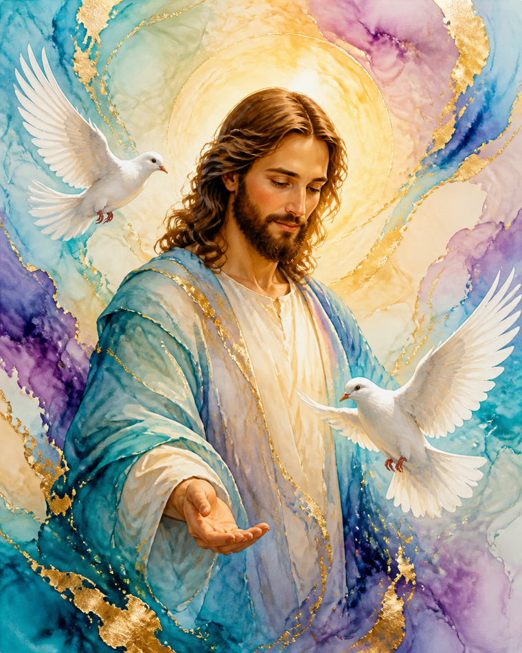 Diamond Painting Jezus in Aquarel met Duiven – een lichte aquarelvoorstelling van Jezus met twee witte duiven en vloeiende transparante kleurvlakken