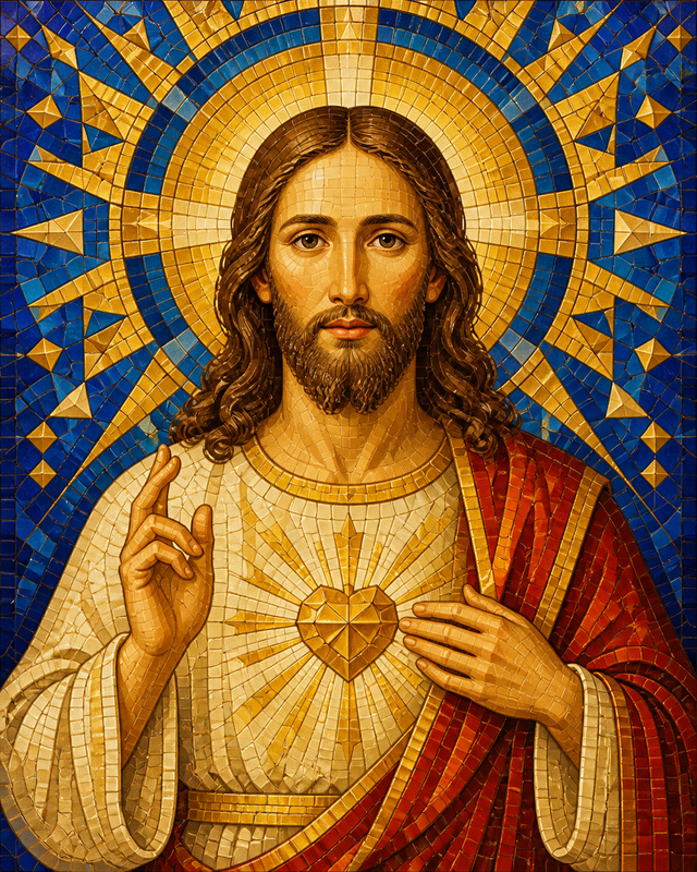 Diamond Painting Jezus in Byzantijns Mozaïeklicht – een originele frontale mozaïekvoorstelling van Jezus met geometrische gouden tesserae en blauwe achtergrond, zonder bestaand icoon te kopiëren