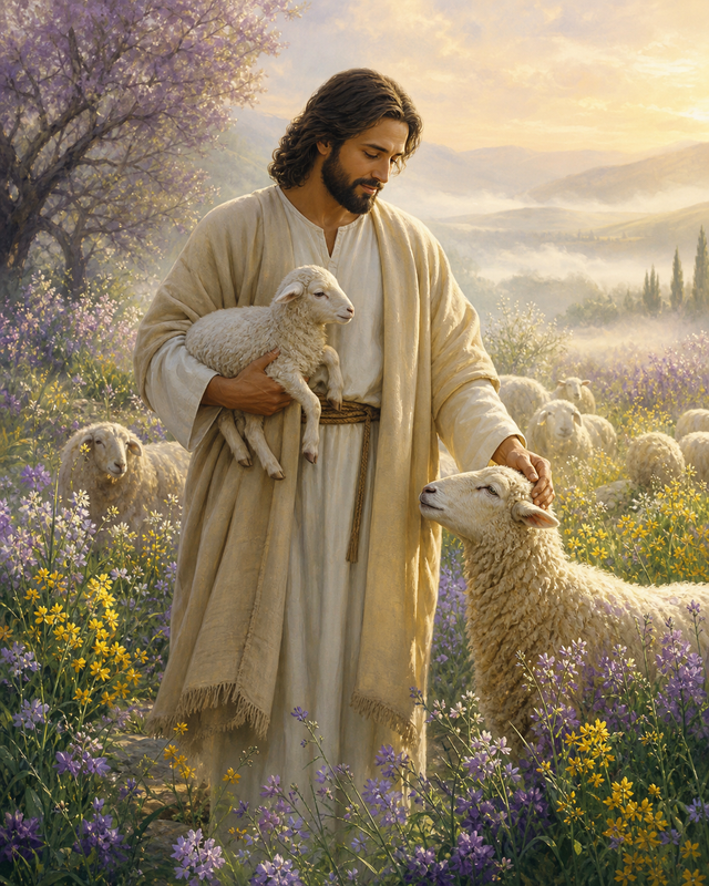 Diamond Painting Jezus in de Bloeiende Weide – Jezus tussen schapen in een weide vol subtiele veldbloemen en ochtendmist