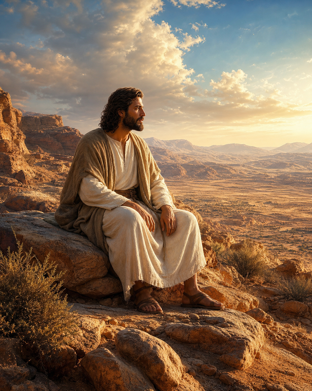 Diamond Painting Jezus in de Woestijn – Jezus alleen op een uitgestrekte woestijnvlakte tussen gelaagde rotsen en een lichte hemel