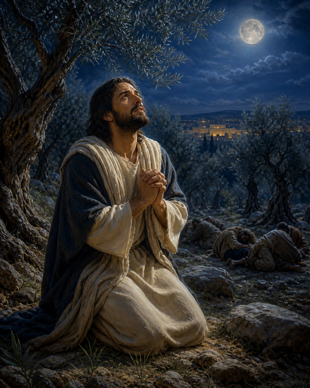 Diamond Painting Jezus in Gethsemane – Jezus knielt in een olijfgaard onder maanlicht met slapende discipelen ver op de achtergrond