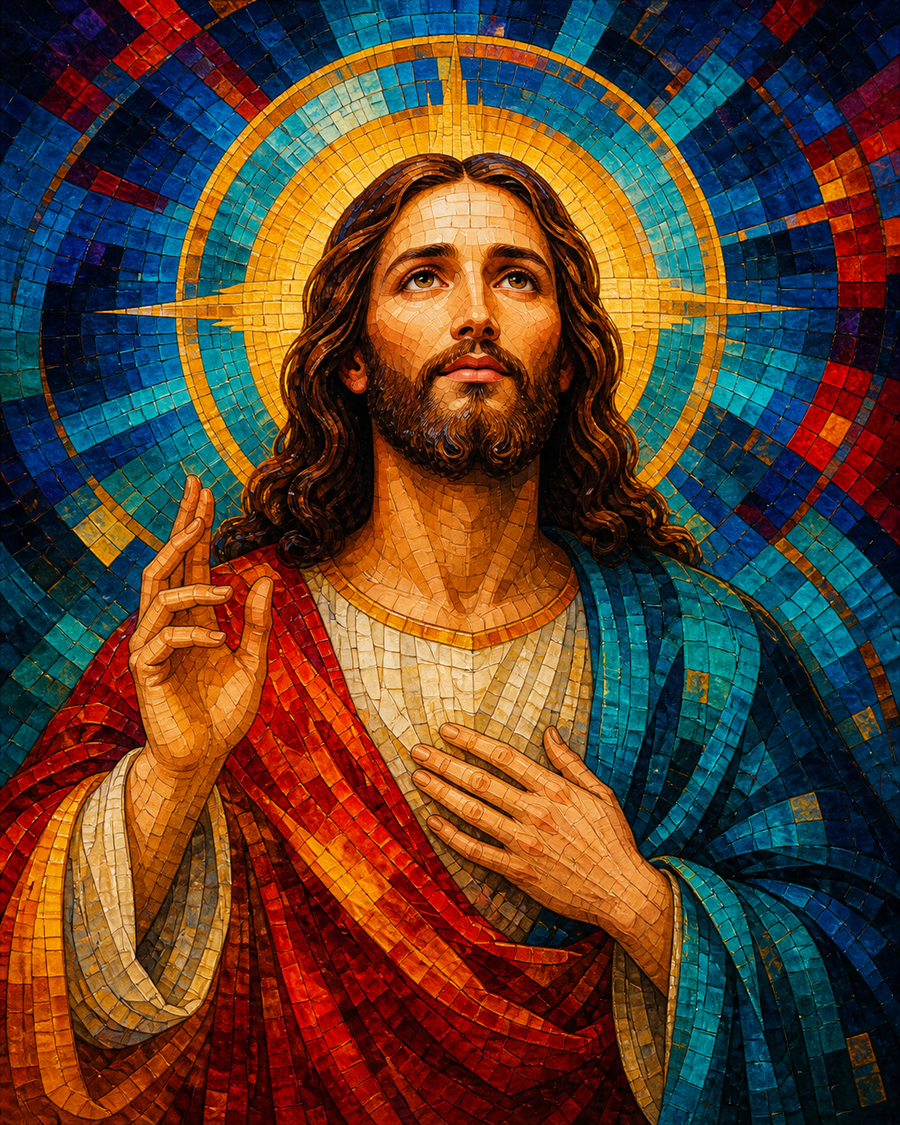 Diamond Painting Jezus in Kleurrijk Mozaïekportret – een origineel waardig portret van Jezus opgebouwd uit grote glanzende mozaïekvlakken met duidelijke ogen en zachte gelaatsvormen