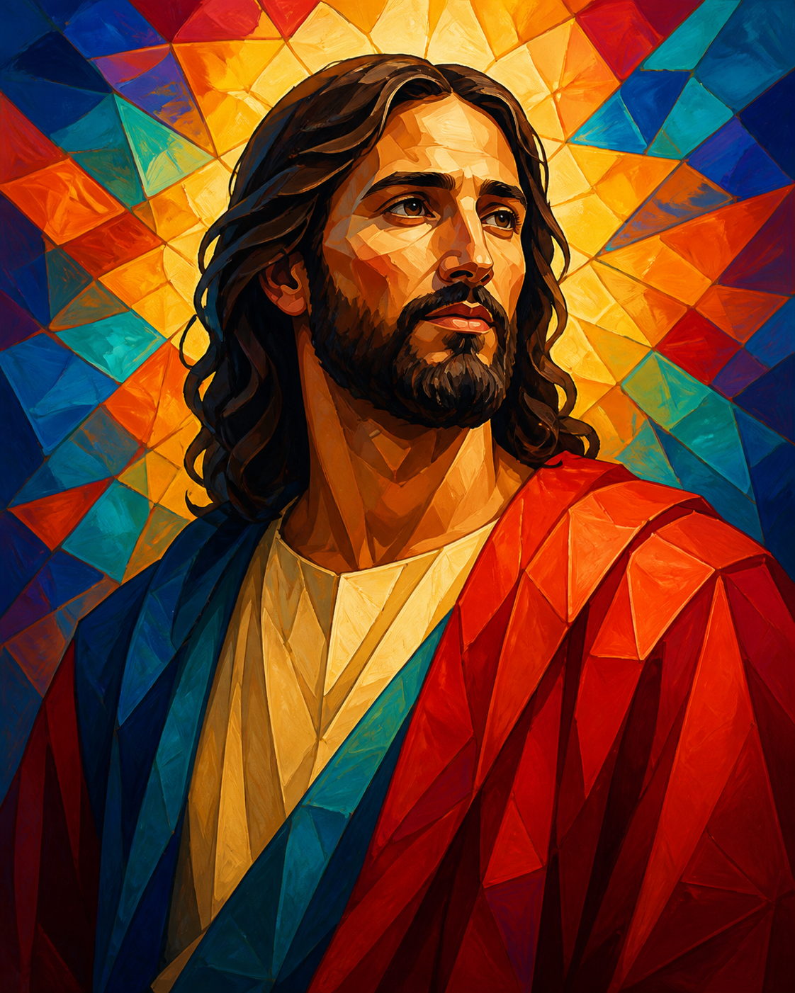 Diamond Painting Jezus in Kleurrijk Portret – een waardig portret van Jezus opgebouwd uit heldere gebrandschilderde kleurvlakken zonder letterlijk glasraam