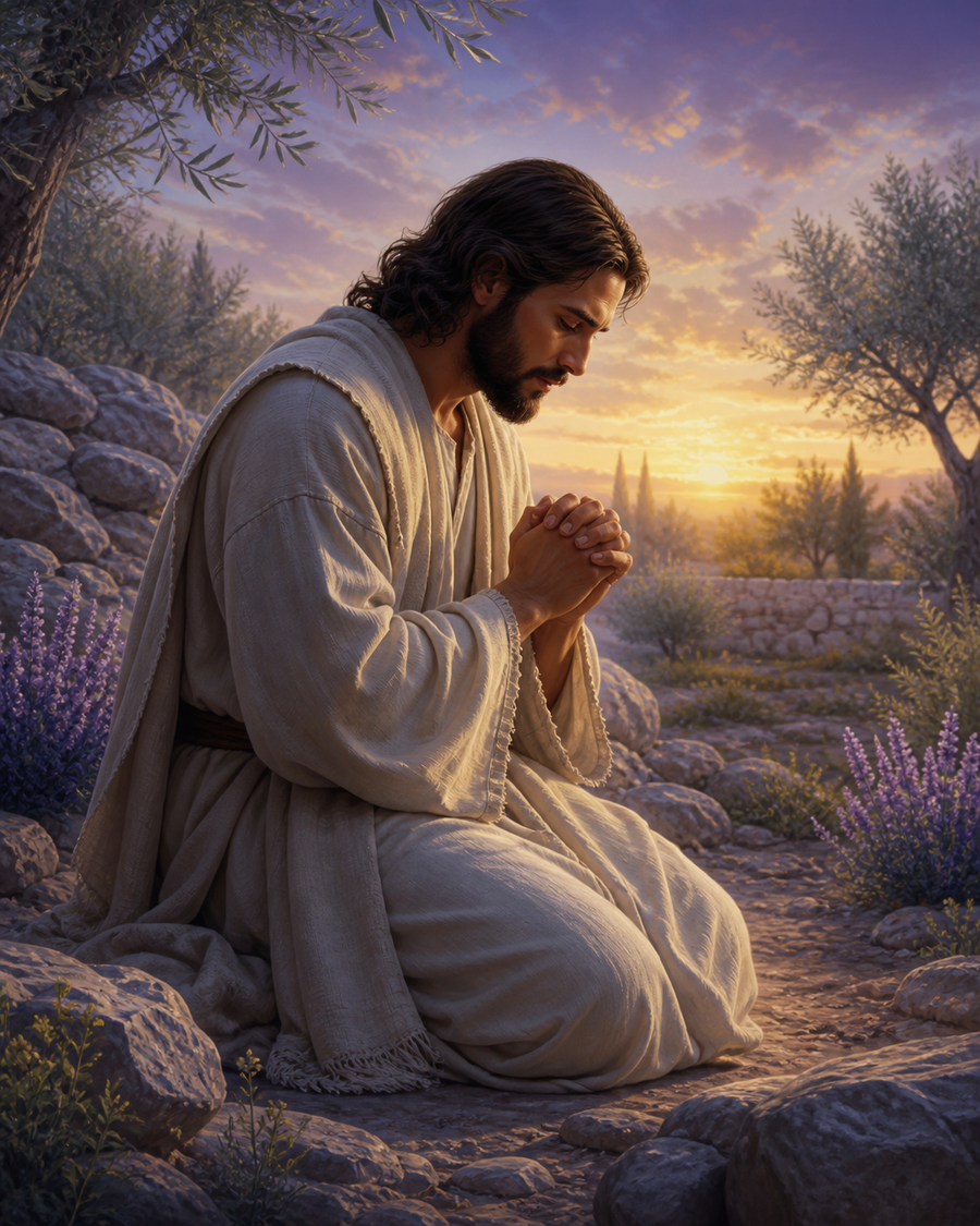 Diamond Painting Jezus in Stil Gebed – Jezus in een eenvoudige mantel met gevouwen handen in een rustige rotsachtige tuin bij dageraad