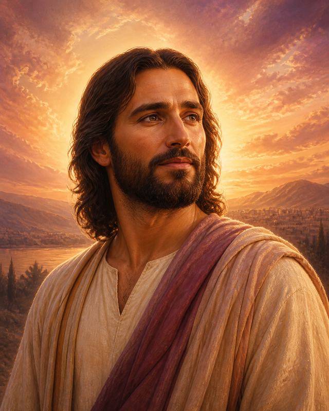 Diamond Painting Jezus in Vredig Avondlicht – een rustig halfportret van Jezus tegen een zachte avondlucht met subtiele lichtkrans als natuurlijk tegenlicht