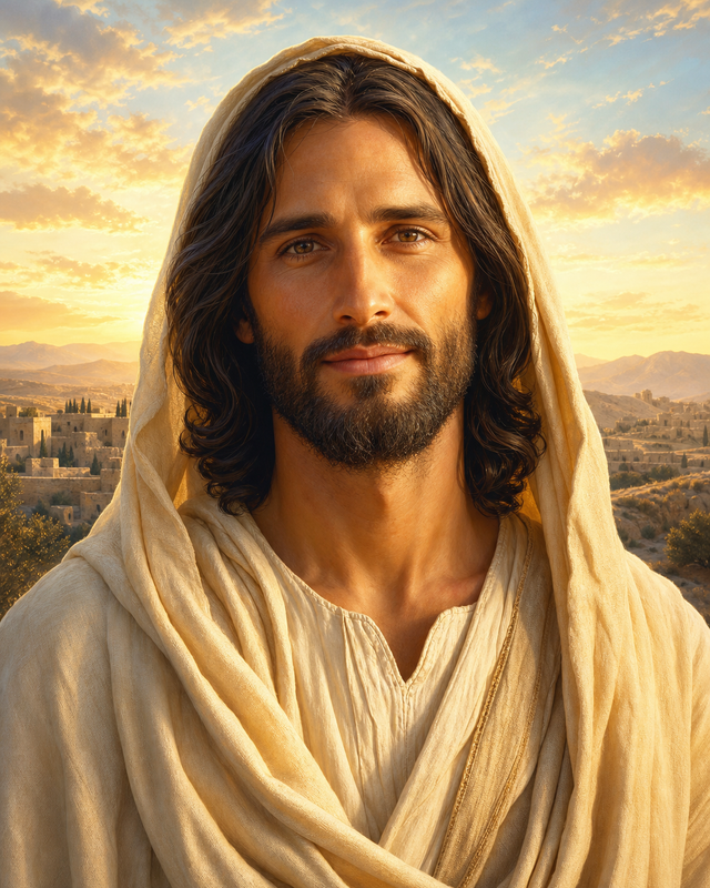 Diamond Painting Jezus in Zacht Ochtendlicht – een respectvol borstportret van Jezus als volwassen man uit het oude Midden-Oosten, met een eenvoudige lichte mantel en zacht ochtendlicht