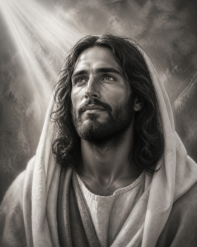 Diamond Painting Jezus in Zwart-Wit – een gedetailleerd monochroom portret van Jezus met rustige blik en zachte lichtbundel
