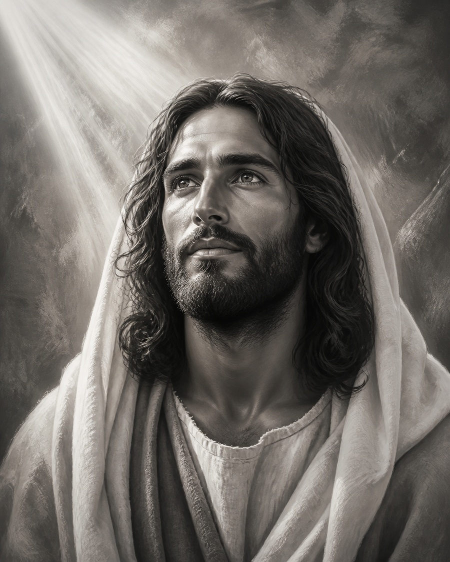 Diamond Painting Jezus in Zwart-Wit – een gedetailleerd monochroom portret van Jezus met rustige blik en zachte lichtbundel