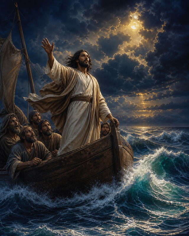 Diamond Painting Jezus Kalmeert de Storm – Jezus staat in een houten boot met opgeheven hand terwijl hoge golven rondom kalmer worden