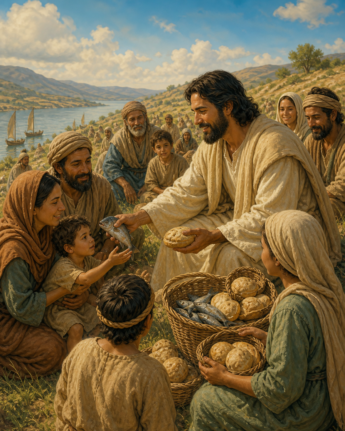 Diamond Painting Jezus met Brood en Vis – Jezus deelt brood en vis uit aan een kleine groep families op een groene heuvel