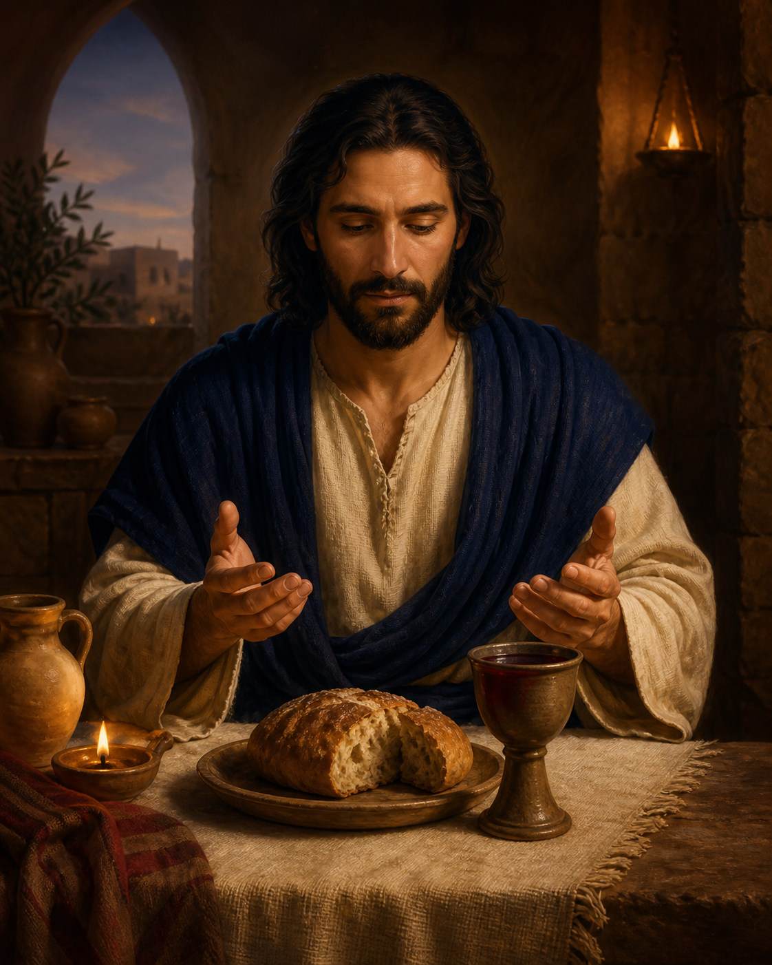 Diamond Painting Jezus met Brood en Wijn – Jezus achter een eenvoudige tafel met brood en een beker wijn, handen rustig boven de maaltijd